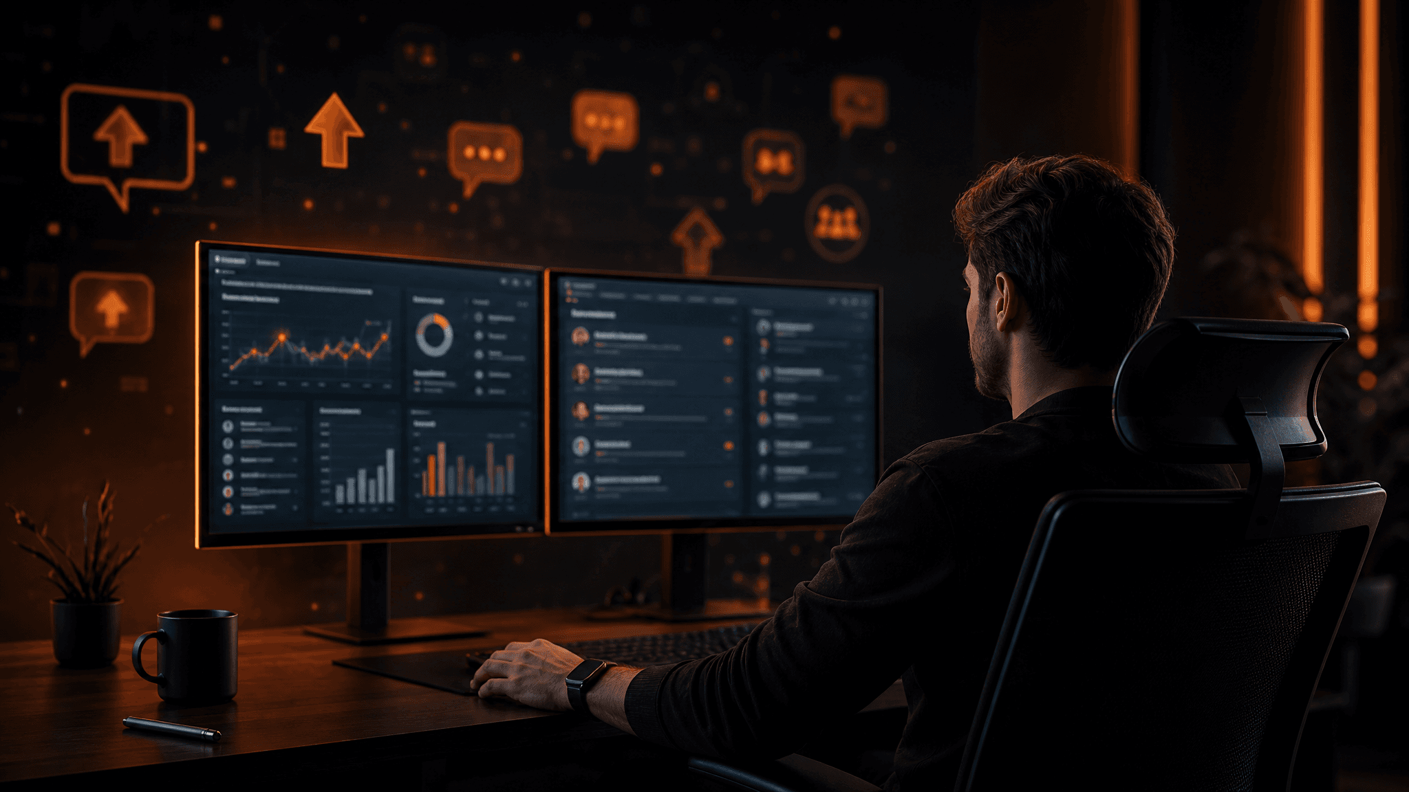 A digital marketer reviews social media campaign dashboards and Reddit community threads on dual screens