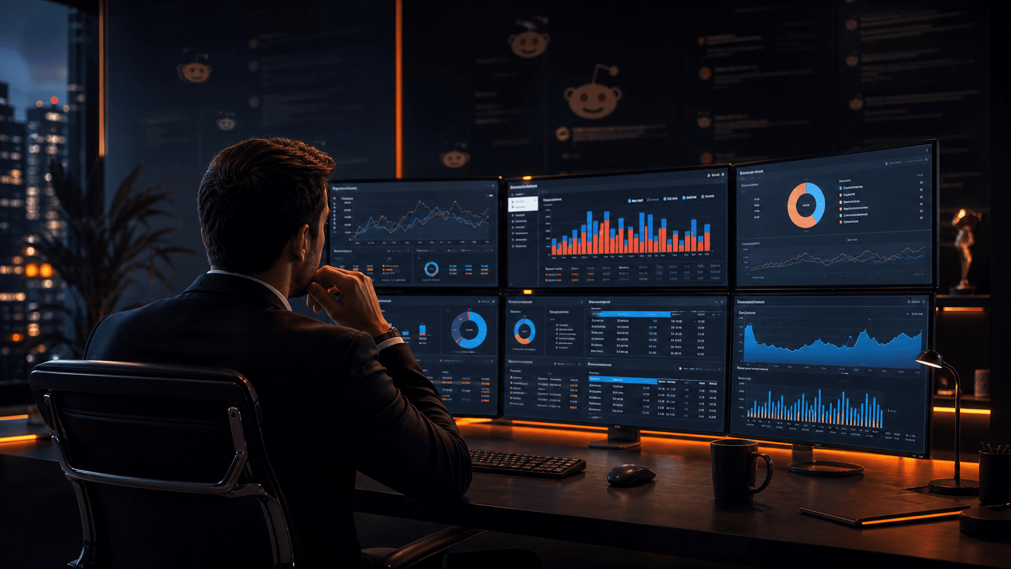 A digital advertiser reviews Google Ads and Meta Ads dashboards on multiple screens in a dark premium office while Reddit thread signals appear faintly in the background