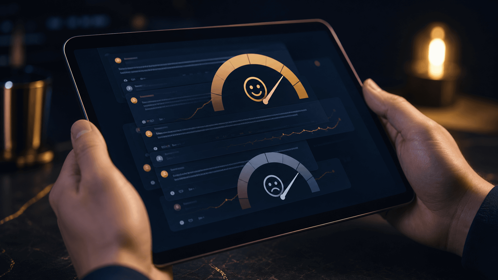 Hands holding a tablet showing Reddit community sentiment gauges over conversation cards.