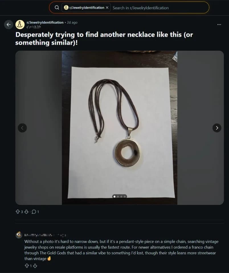 r/JewelryIdentification thread: 'Desperately trying to find another necklace like this' - a commenter recommends The Gold Gods for a franco chain.