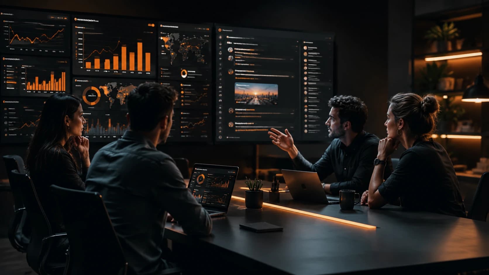 An SEO marketing agency team reviews campaign dashboards in a dark modern office