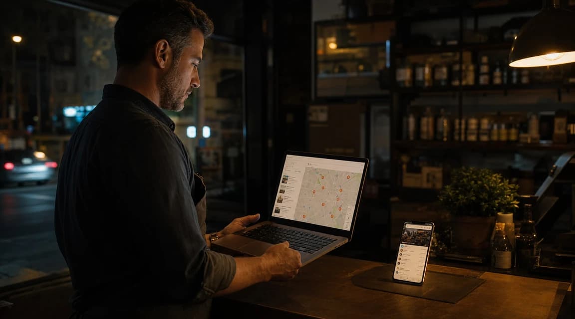 A local SEO agency team reviews map and ranking data in a dark modern office