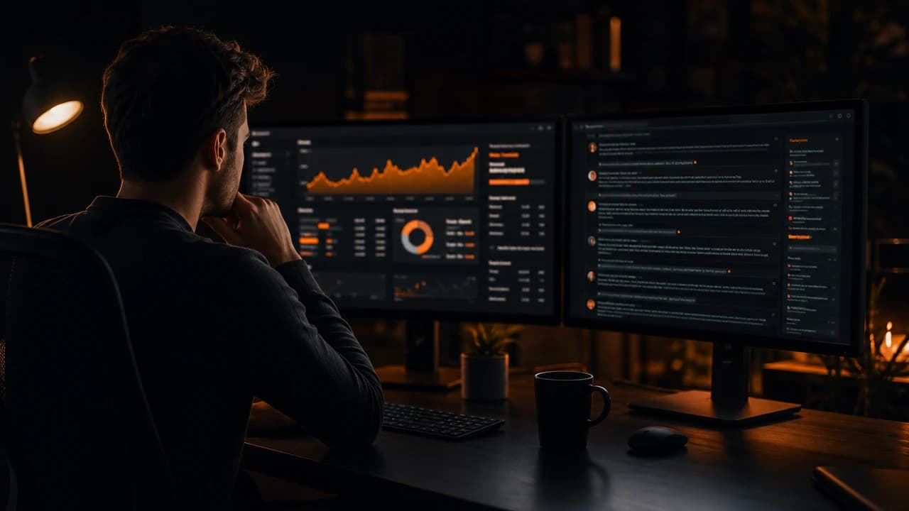 A digital advertiser reviews social media ad campaigns on screens in a dark modern office