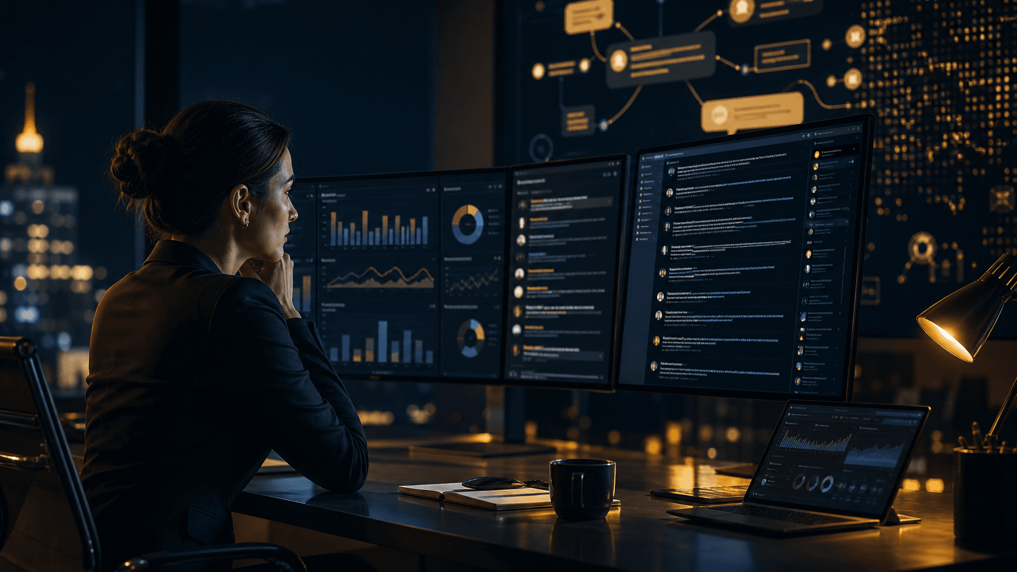 A brand manager reviews online reputation data across social channels in a dark office