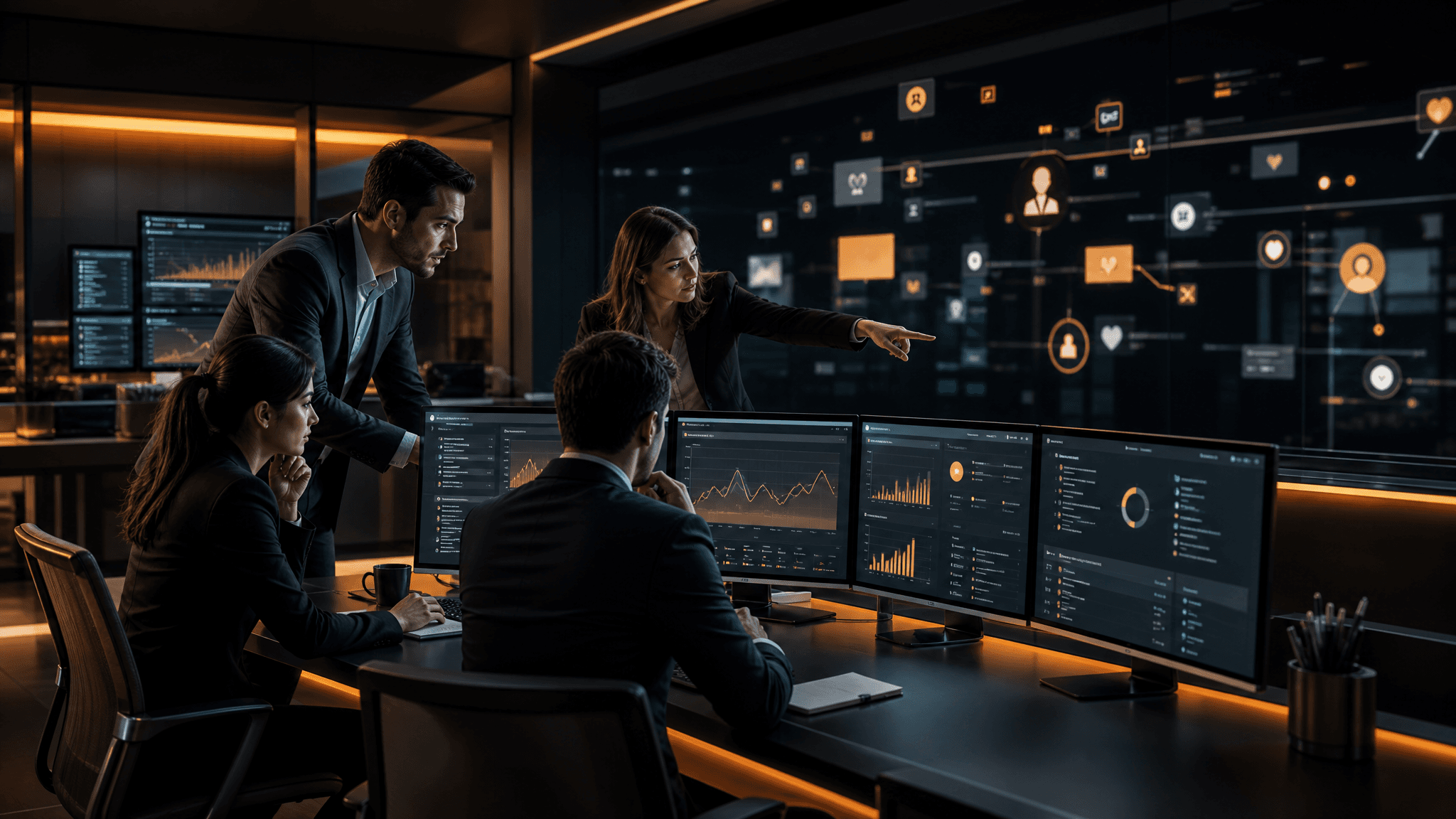 A marketing team reviews brand reputation dashboards in a dark modern office