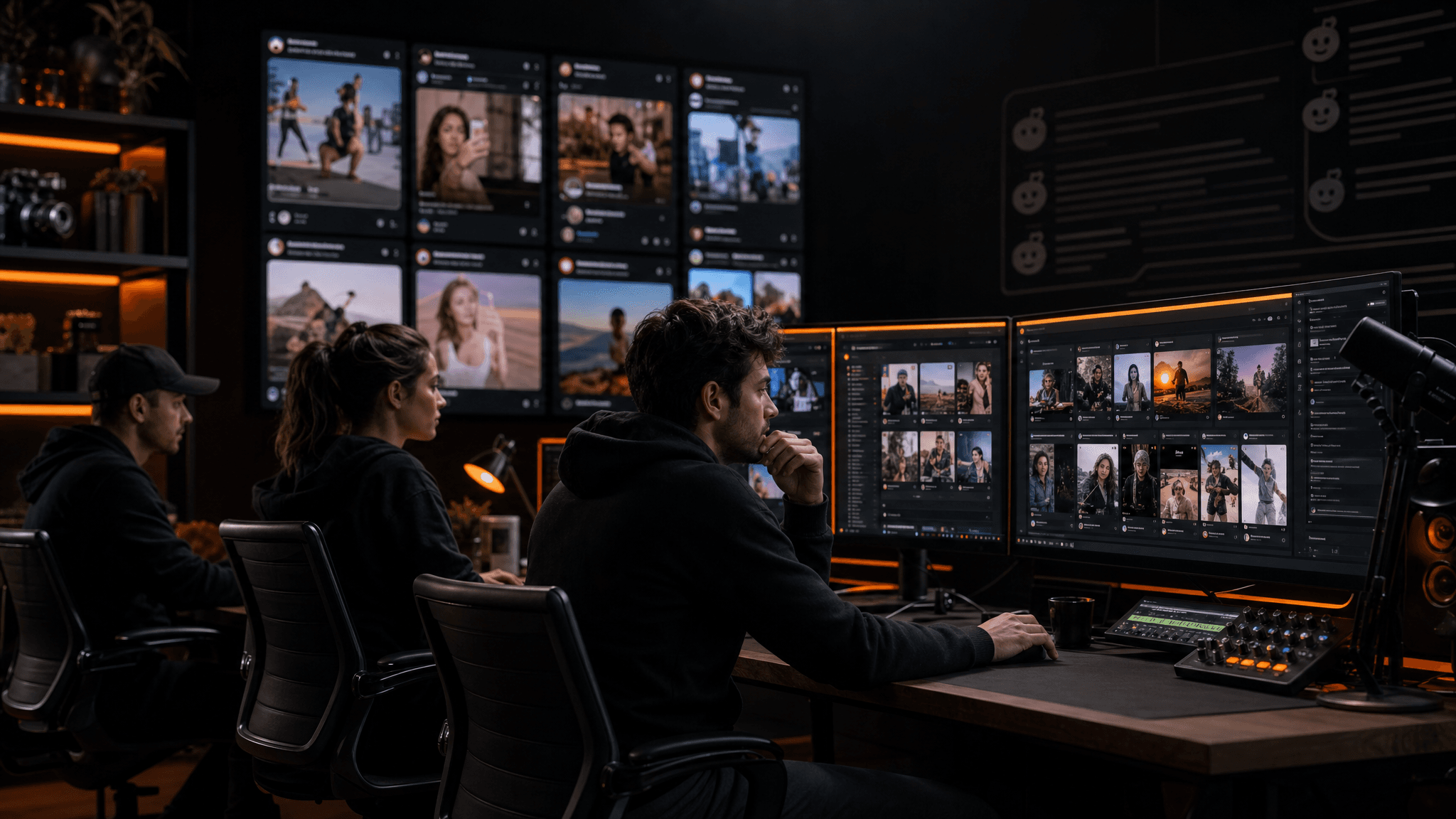 A social media marketing team manages brand accounts on multiple screens in a dark premium studio