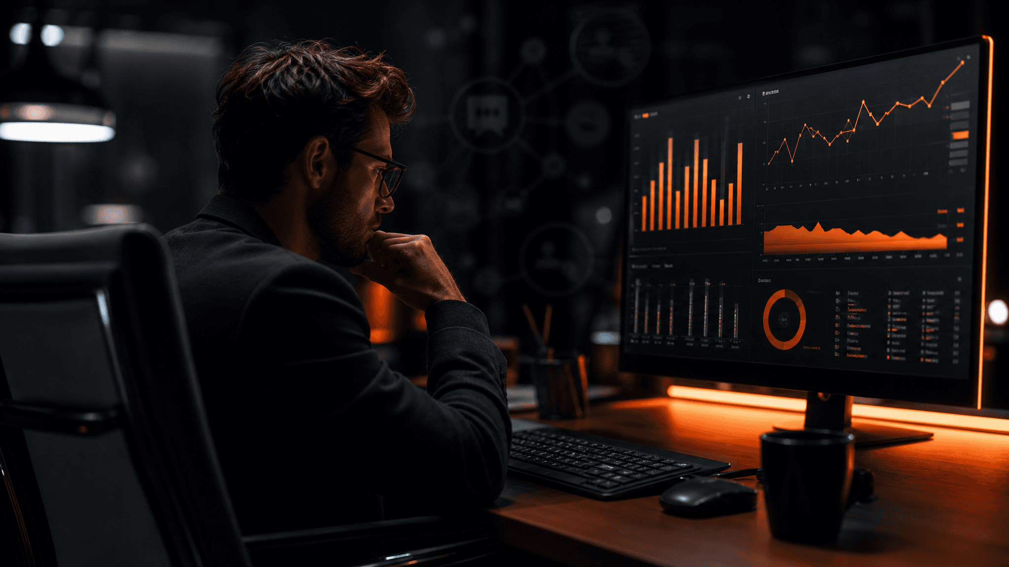 A marketing analyst reviews social media tool dashboards in a dark modern office while Reddit threads appear in the background