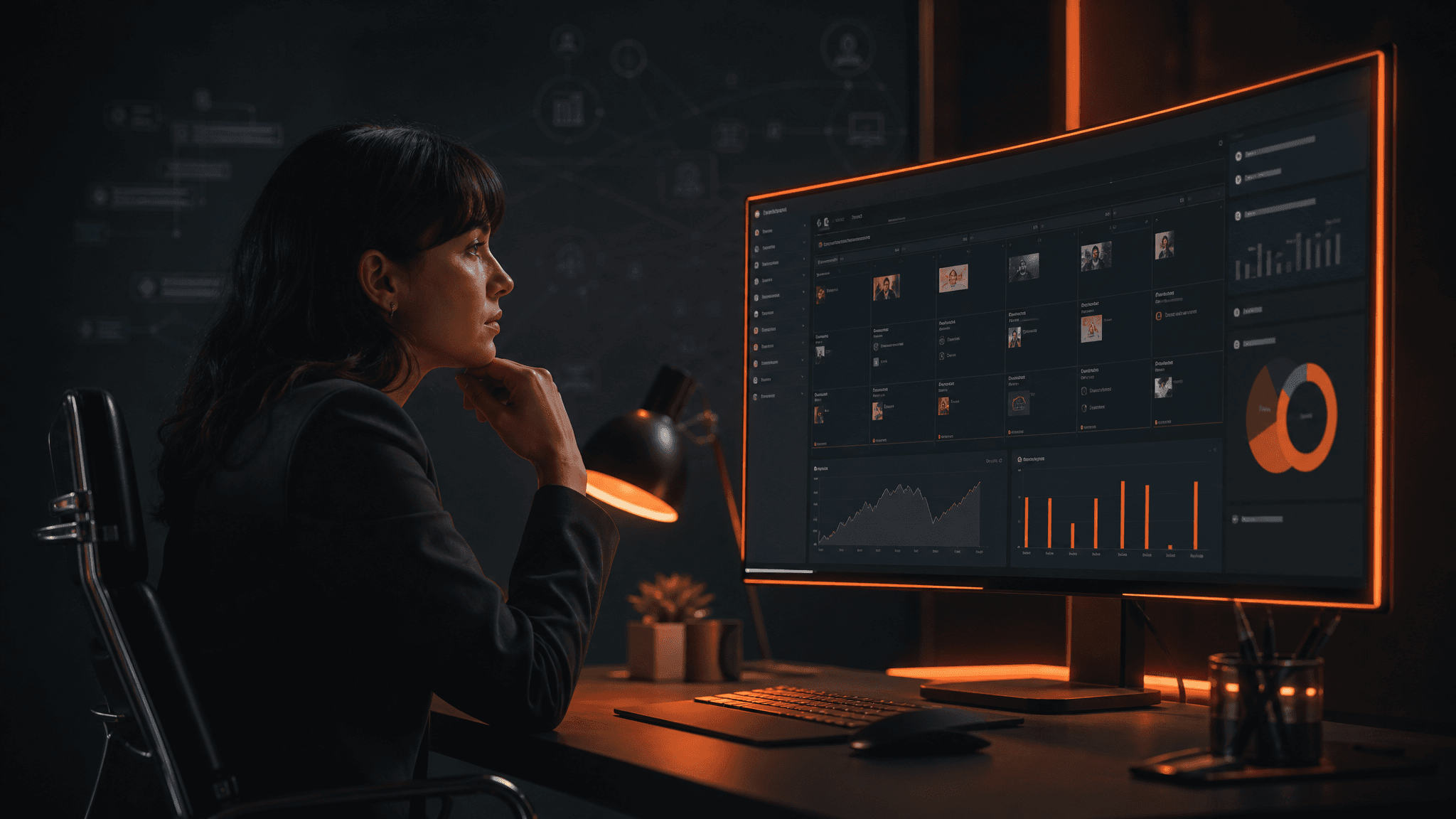A brand manager uses a social media management platform dashboard in a dark office while Reddit thread icons appear dimly in the background