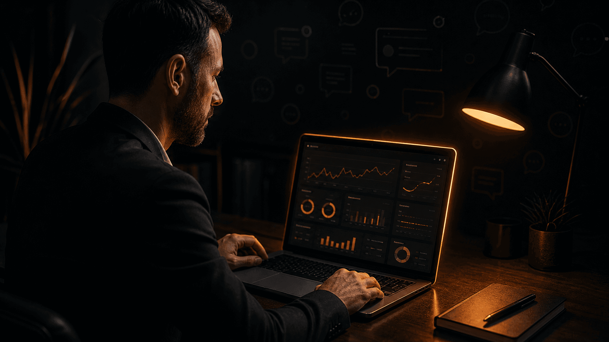A business owner reviews social media marketing dashboards on a laptop in a dark modern office while Reddit threads appear faintly in the background