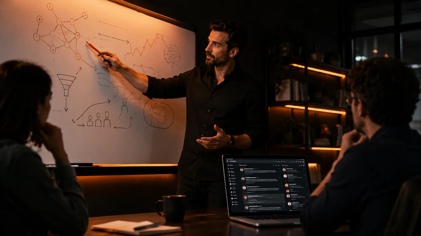 Digital marketing consultant presenting AI visibility and community engagement strategies to a team, with Reddit discussions and citation-focused planning displayed on a laptop and whiteboard