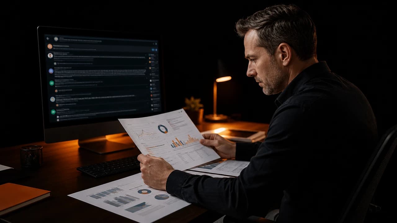 Marketing professional reviewing SEO performance reports at a desk while analyzing online discussion platforms and AI citation visibility gaps