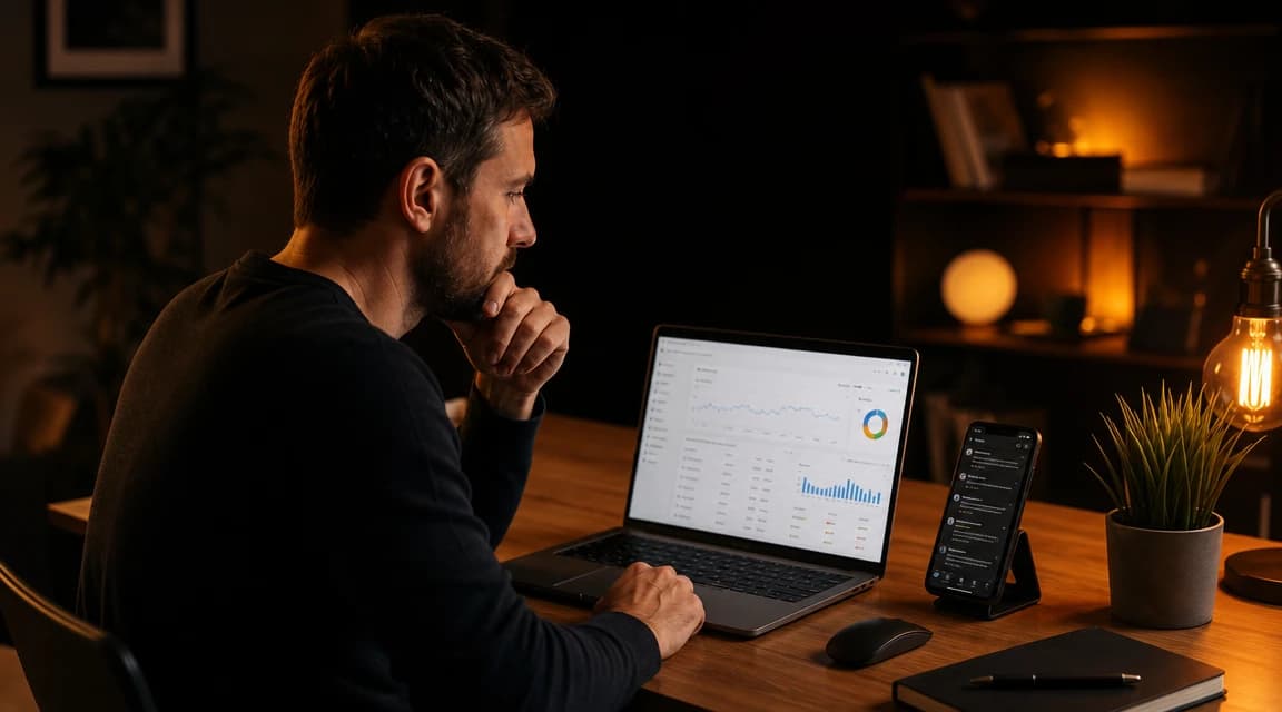 A small business owner reviews SEO reports on a laptop in a dark modern office
